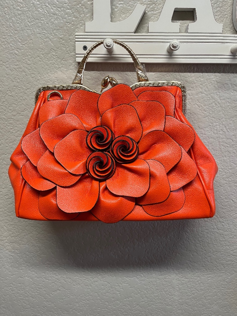 Orange Floral Statement Handbag Crossbody Purse Gold Hardware NWOT